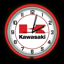 19" Kawasaki Motorcycle Sign Red Double Neon Clock Man Cave Garage