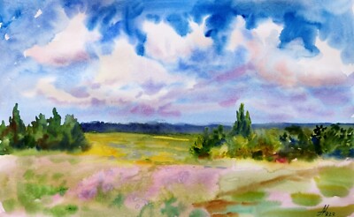 Meadow Landscape Watercolor Painting  Original Landscape Summer Artwork 