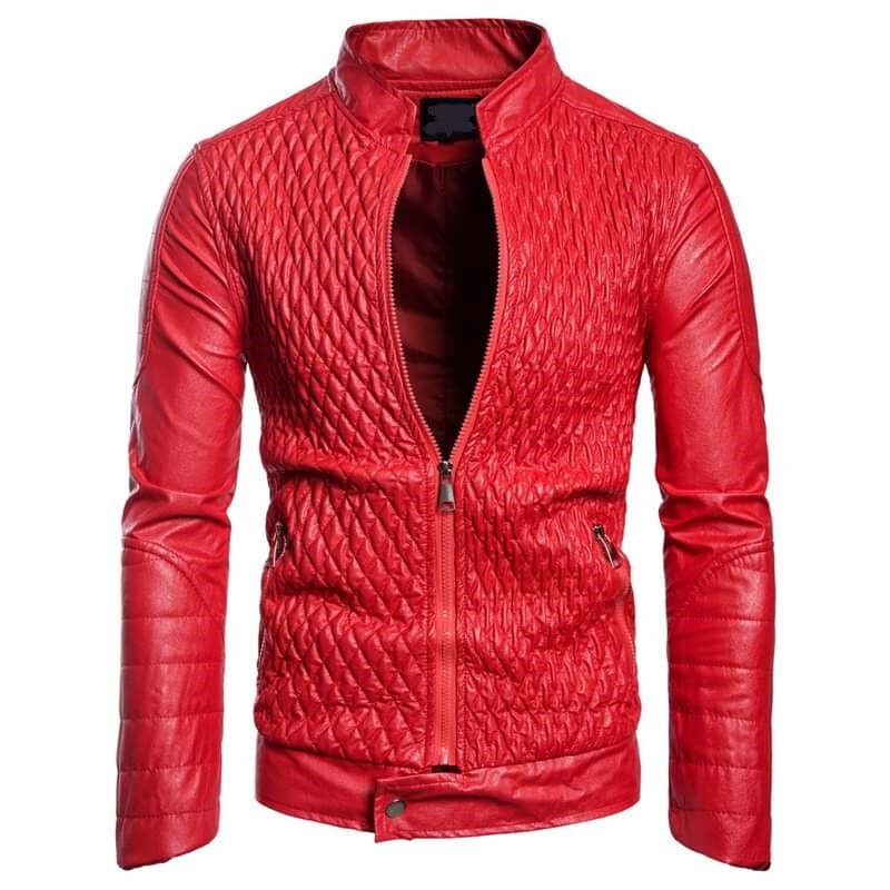 Men Classic Red Diamond Stitch Slim fit Leather Jacket, Biker Red