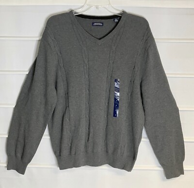 Consensus Gray Cotton V Neck Cableknit Pullover Sweater Large NWTS!