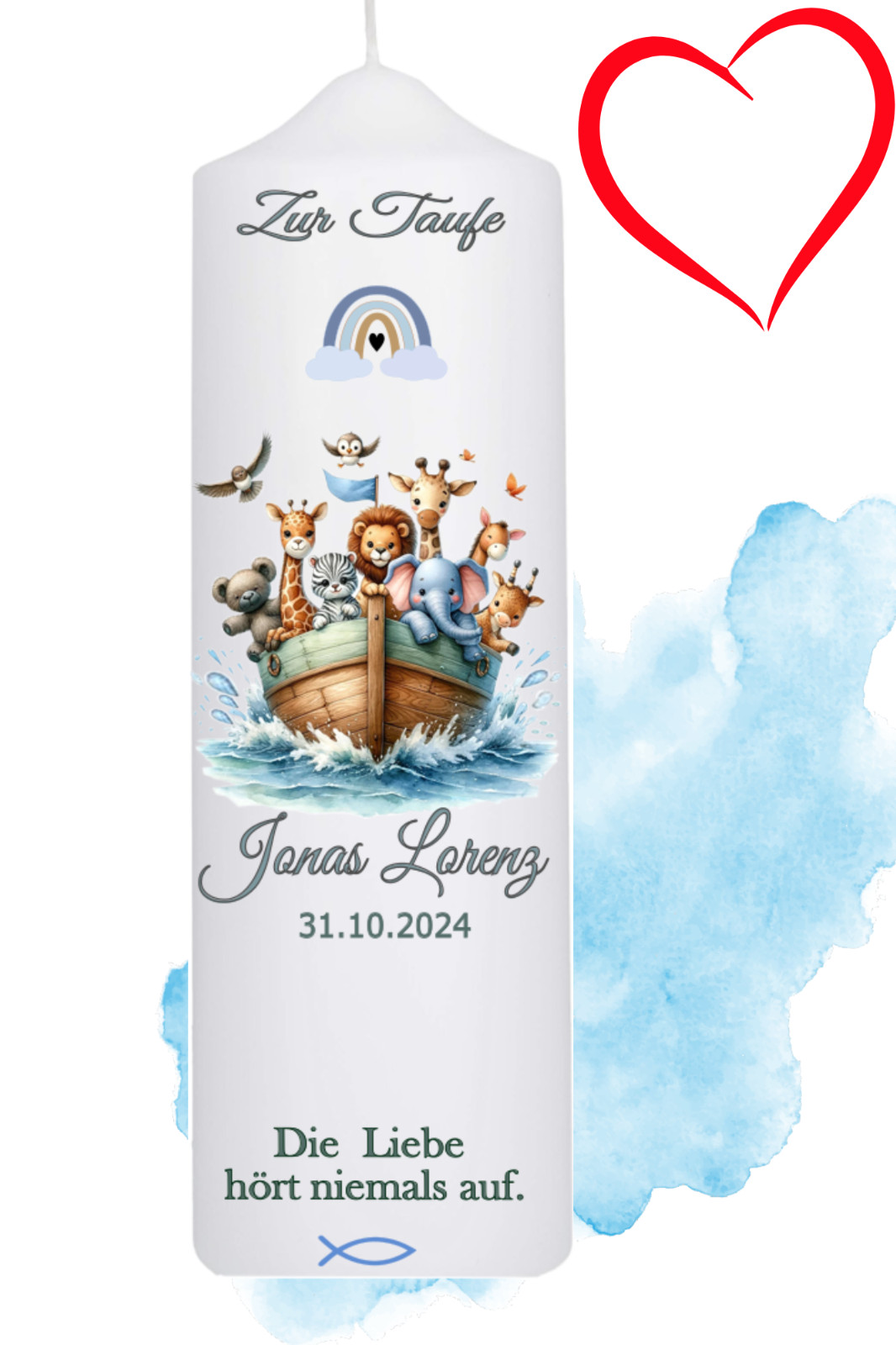 Taufkerze "Arche Noah", ein Taufgeschenk für Jungen und Mädchen, Maße 25x8 cm,