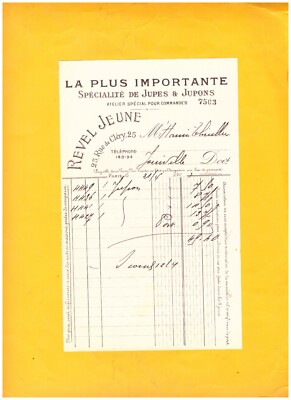 PARIS (II°) KONFEKTIONSWERKSTATT für DAMEN / RÖCKE ''REVEL Jeune'' Rechnung 1911