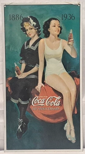 Vintage Coco Cola Metal Hanging Sign 50th Anniversary 1886 1936 Bathing Beauties