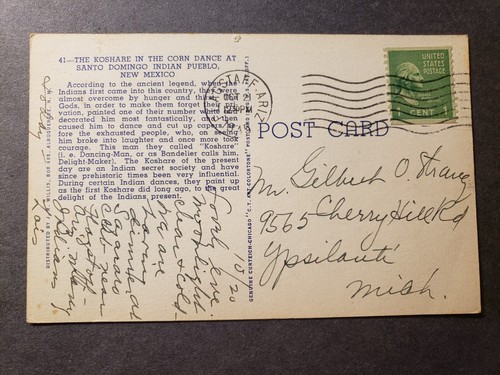 KOSHARE CORN DANCE 1945 SANTO DOMINGO INDIAN PUEBLO, AZ Postcard w/ note - Picture 2 of 2