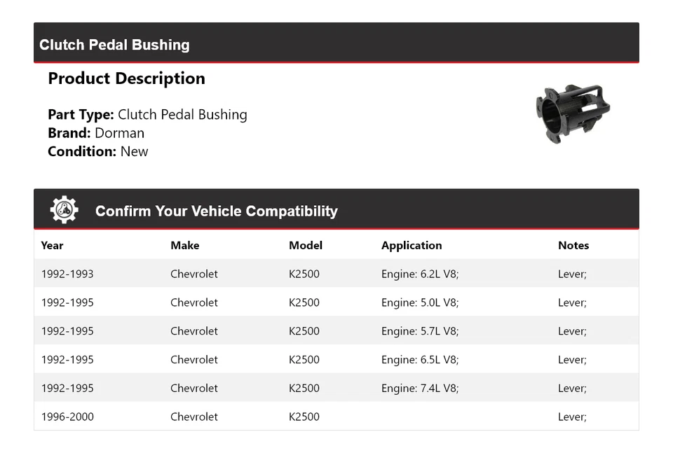 Buje de pedal de embrague para Chevrolet K2500 Dorman 1992-2000 1993 1994 1995 1996 Foto 2 de 4
