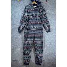 Fabletics Forever Fleece Hooded Jumpsuit Women Small Blue Red Aztec Drawstring