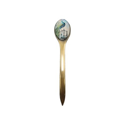 Letter opener brass handle glass dome displaying a Peacock On A Bird Cage 7.25''