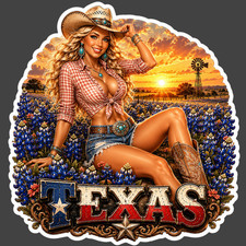 Texas Sticker Vinyl Decal Cowgirl Bluebonnet Field Sunset Western Country Girl