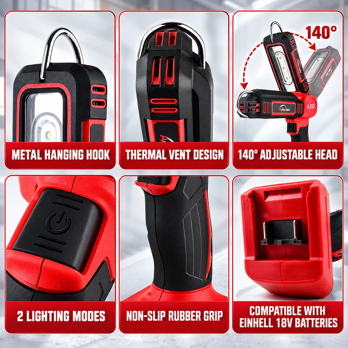 Batería Lámpara de Trabajo para Einhell 18V Batería 3000LM 3 Cabezales de Luz LED,Sin Batería