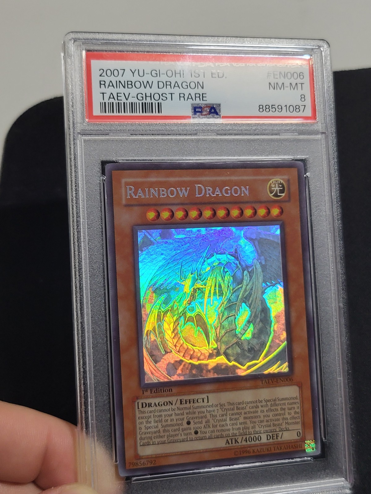 Yugioh 2007 Rainbow Dragon TAEV-EN006 1st Edition Ghost Rare PSA 8 (Clean Foil) view 9