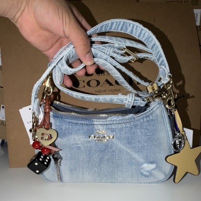 Coach Denim Shoulder Bag Distressed Light Indigo Blue Heart Dice Star Charms