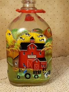 VINTAGE GLASS GAL. MEADOW GOLD MILK BOTTLE HAND PAINTED COUNTRY FARMS FOLK ART