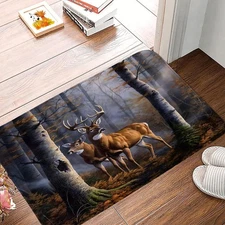Deer Forest Bath Mat Cabin Rustic Wild Animal Deer Elk Moose Birch Tree Fores...