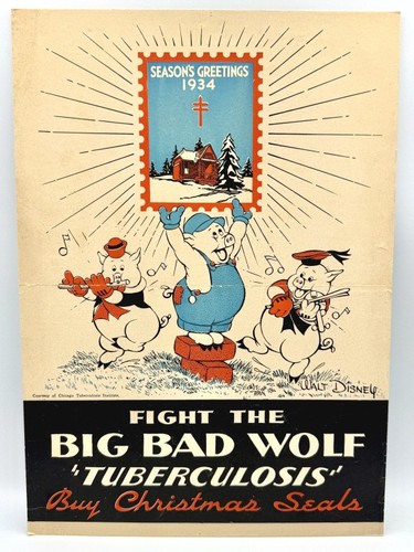 Vintage 1934 Fight the Big Bad Wolf "Tuberculosis" Poster feat.Disney Characters