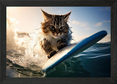 Gerahmtes Wandbild Poster Leinwanddruck Bild Katze surft im Meer