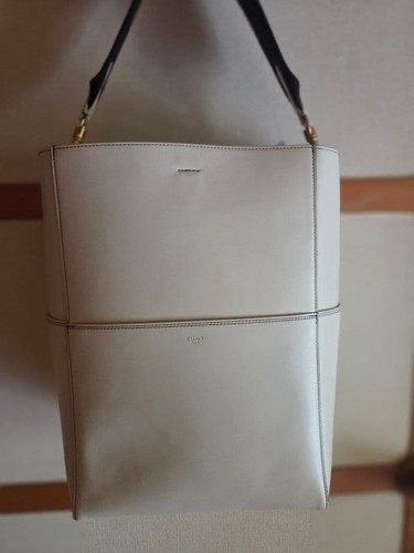 CELINE Phoebe Off-White Leather Shoulder Bag Black Stitching Authentic Excellen