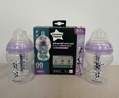Tommee Tippee Bottles 2 Pack 260ml Anti Colic Feeding Bottles Less Reflux PURPLE