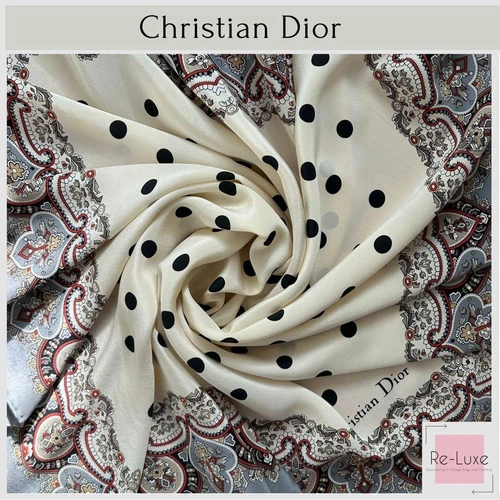 Foulard Christian Dior en soie motif pois gris blanc cassé marron doré 30 x 30 pouces
