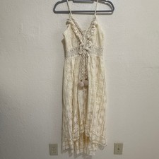 Cupshe Cream Lace Boho Midi Dress V-Neck Tassel High-Low Hem Small T1D1949