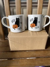 New! Hyde And Eek! Boutique Stone wear Mugs Set Of 2 “Boo To You” Cat Pumpkin