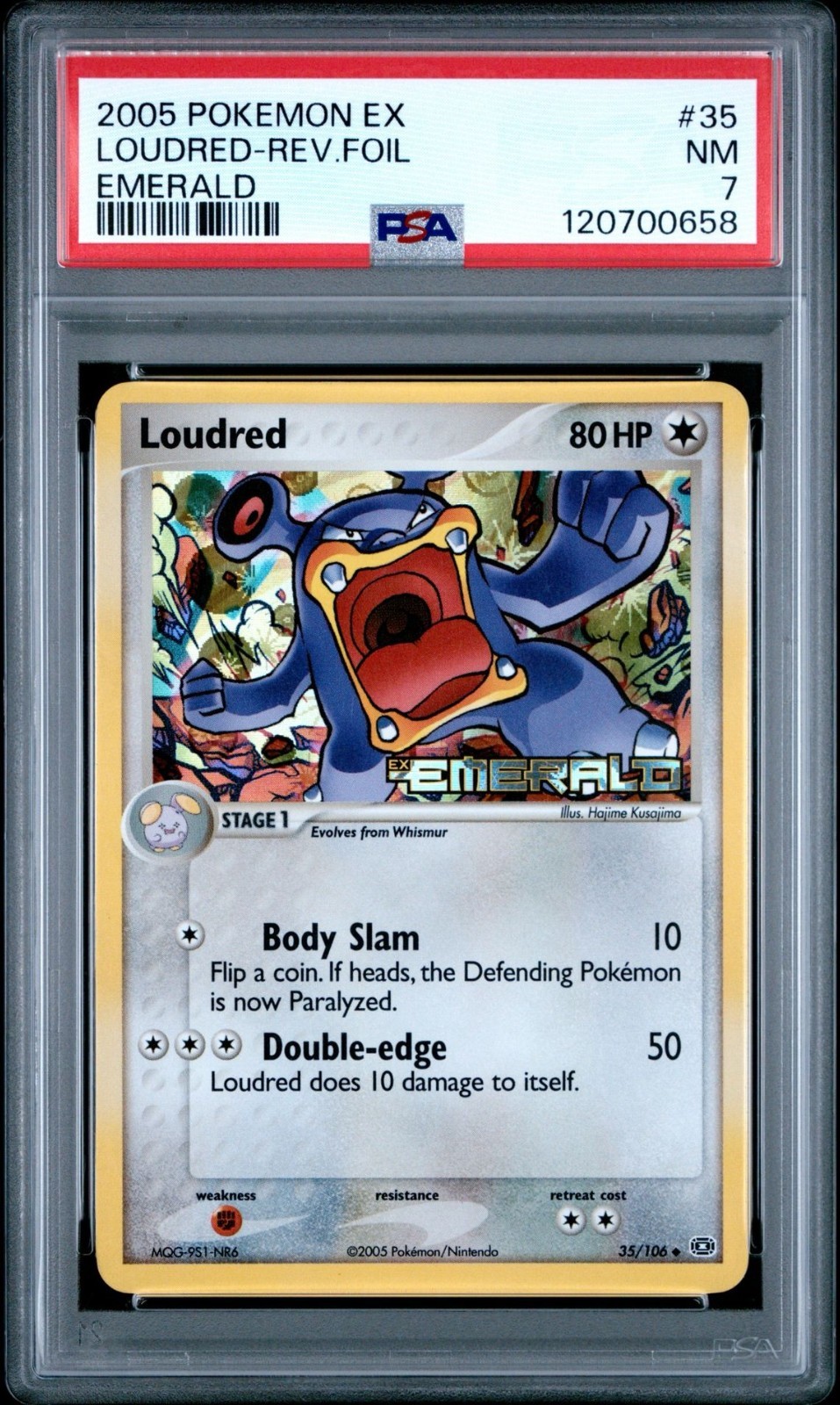 2005 POKEMON EX EMERALD 35 LOUDRED-REVERSE FOIL NEAR MINT PSA 7
