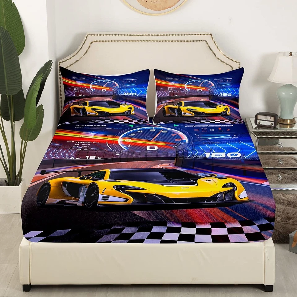 Blue Yellow Sports Car Sheet Set Race Car Bed Sheets for Kids Boys Extreme Sp... - Image 2 of 4