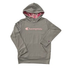 Champion Gray Hoodie Girls Size 7/8 Pink Logo Pullover Sweatshirt Kids C22 