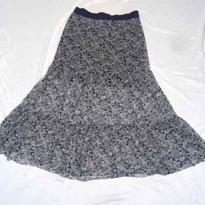 Lavish Navy & White Paisley Boho Semi-Sheer High Waist Pull On Maxi Skirt