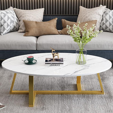 Modern Oval White Faux Marble Coffee Table with Gold Legs for Small Spaces