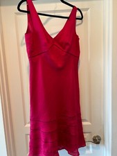 Ann Taylor Hot Pink Dress Size 8 Back V Neck Fit & Flare 100% Linen