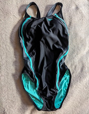 SPEEDO PowerFlex Eco One Piece Swimsuit Womens 10 Swim Suit Gray Black Turquoise