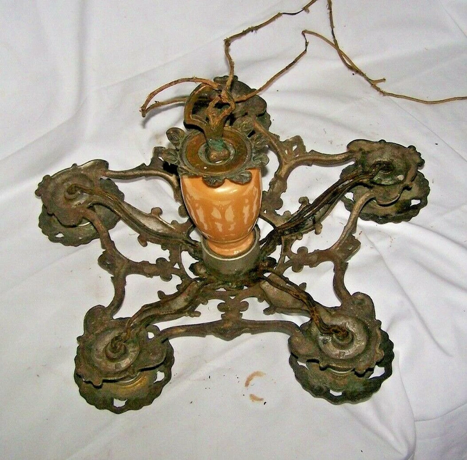 Antique Art Nouveau Cast Metal /Iron Polychrome Chandlier /Light Fixture 1920 #2 - Image 4 of 4