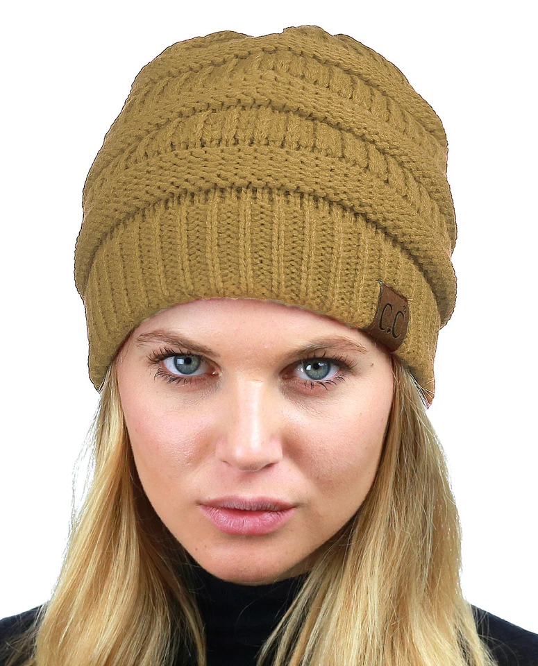 Gorro CC para mujer forrado de vellón grueso suave elástico tejido con cable cálido borroso gorro Foto 3 de 4