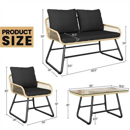 4-Piece Patio Furniture Set, Boho Loveseat & Armchairs, Glass Table, 2 Chairs - Picture 14 of 22