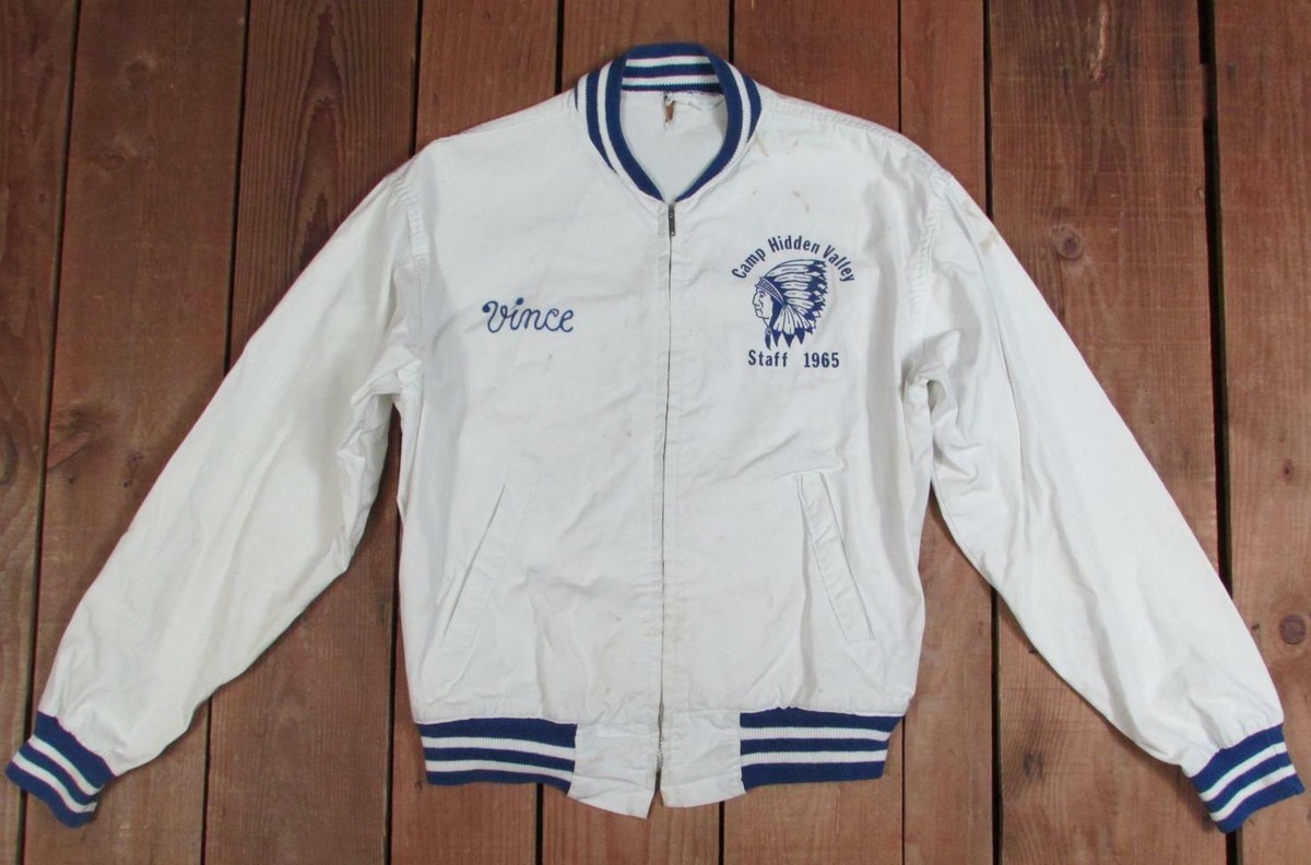 Vintage 1960s Camp Hidden Valley White/Blue Cotton Varsity Jacket
