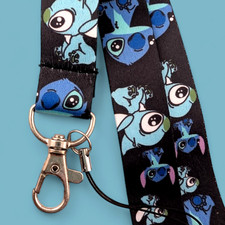 LILO  STITCH LANYARD black disney cute neck strap key chain ID badge holder 4V