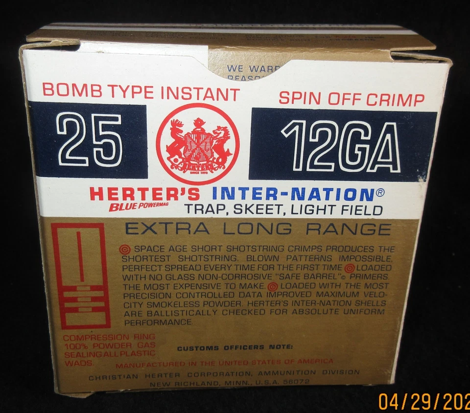 Vintage Christian Herter's 12 GA Shotshell Empty Box INTER-NATION Trap Skeet - Image 3 of 4