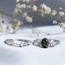 Dainty Black Rutile Quartz Oval Cut Wedding Band Ring 925 Sterling Silver Ring