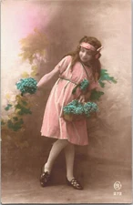Victorian Style Cute Girl with a Bouquet Vintage RPPC B126