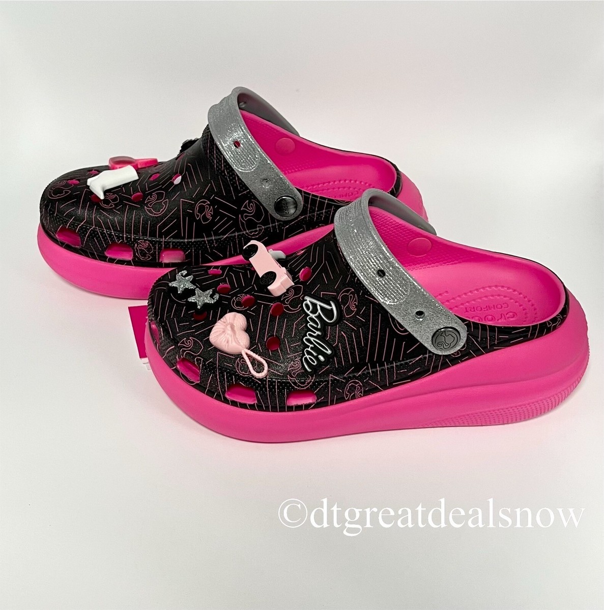 Crocs x Barbie Crush Clogs Black with Pink Women Size 7 With Crocs x Barbie Crush Clogs Black with Pink Women Size 7 With