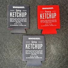 Whataburger 2 Sided Spicy Ketchup / Fancy Ketchup & Reversible Koozies (3)