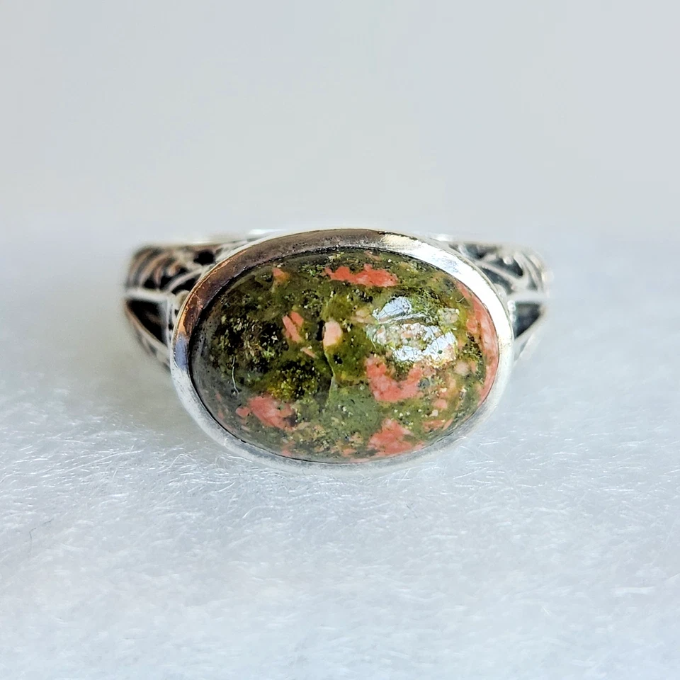 Anillo de plata esterlina verde y coral piedras preciosas filigrana boho talla 8,5 | 8 g 925 Foto 2 de 4
