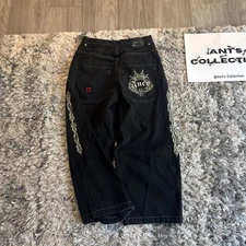 Vintage 90’s Jnco Tribal Barbwire Black Embroidered Denim Jeans Men’s Size 34x30
