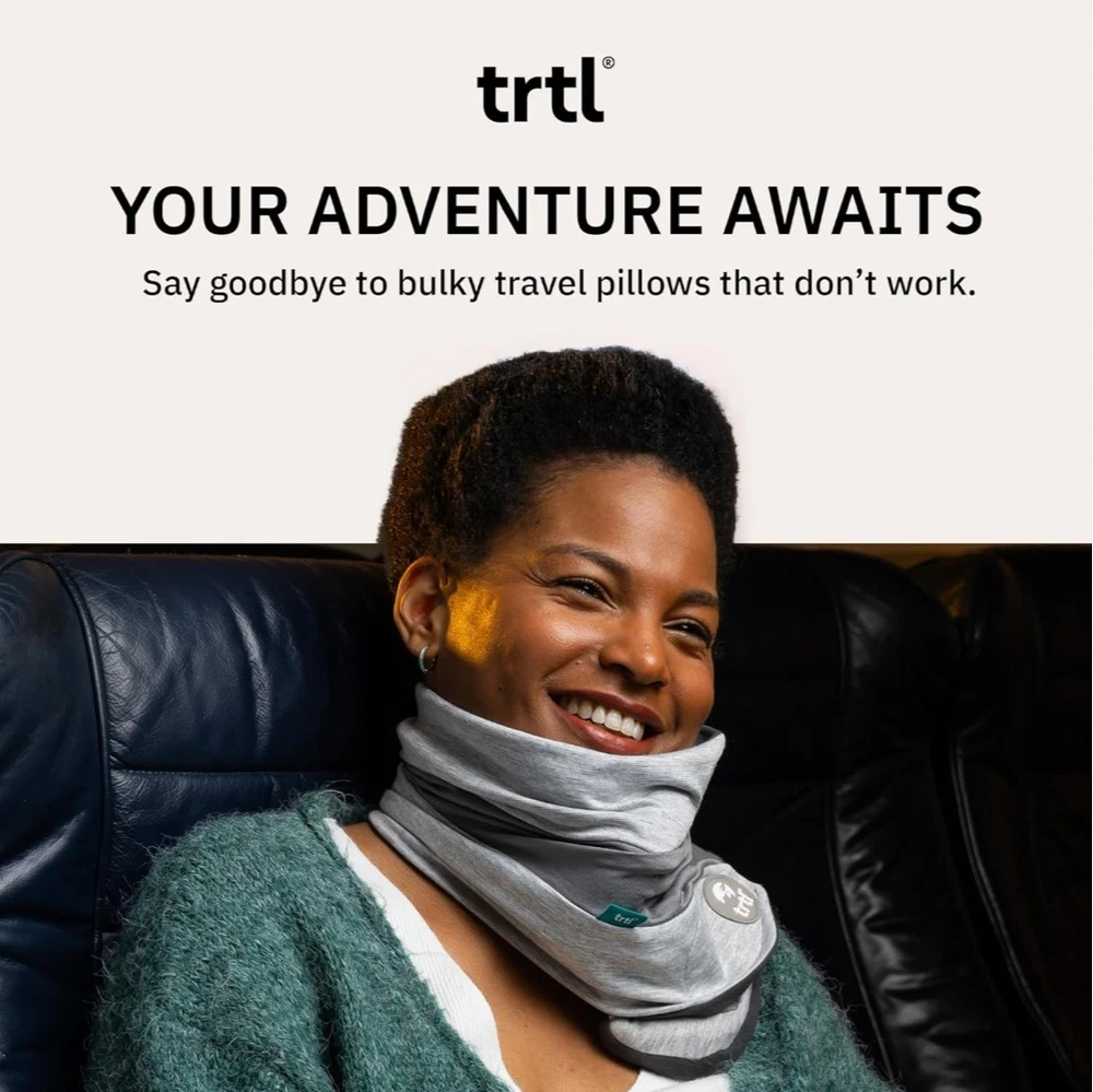 TRTL Travel Pillow Plus Adjustable Head Support for Airplane Comfort in Gray  
