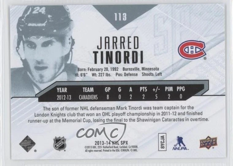 2013-14 SPx Jarred Tinordi #113 Rookie RC - Image 2 of 2
