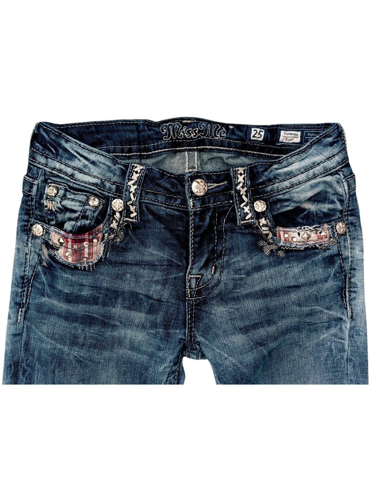 Miss Me Standard Boot Side Slit Embellished Jeans 25 Plaid Distressed Y2K Medium image 6