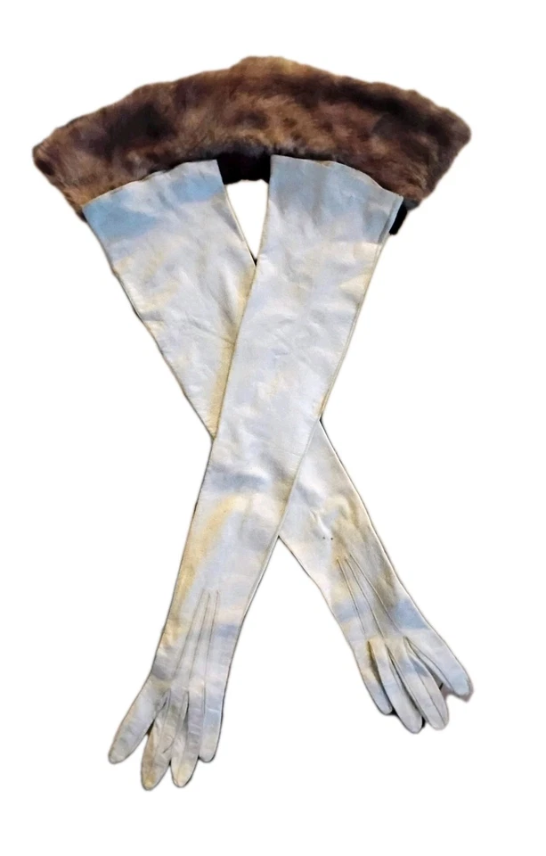 26 " White Kid Leather Wedding Formal Gloves  White Mink Cuff 7. 5 Mint Elegant - Image 3 of 4