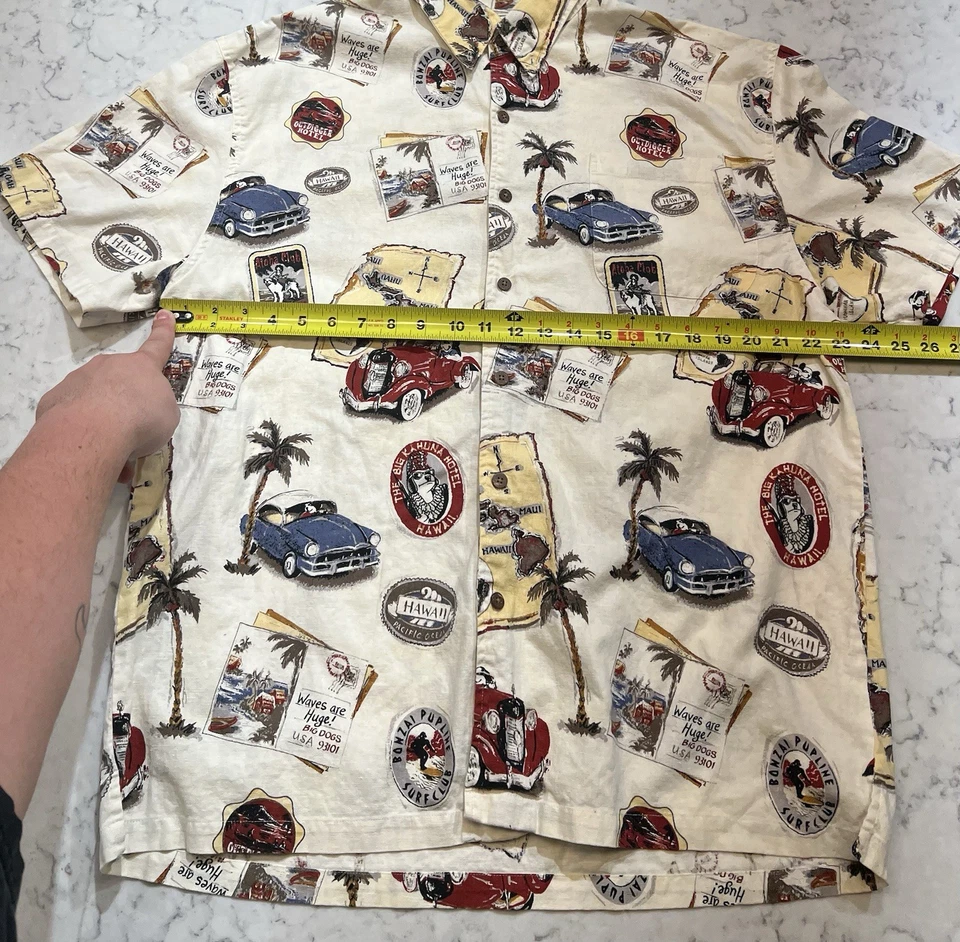 Big Dogs Hawaii Hot Rod Car Aloha Shirt Linen Cotton Button Front Large - Image 4 of 4