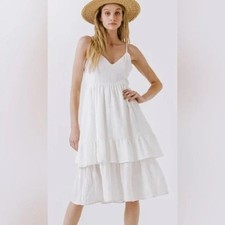 "NWT" Endless Rose Two Tiered  Midi Dress- Off White- Size Medium Coastal Cruise