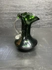 Vintage Blenko Green Crackle Glass 4.5” Hand Blown Pitcher With Handle USA